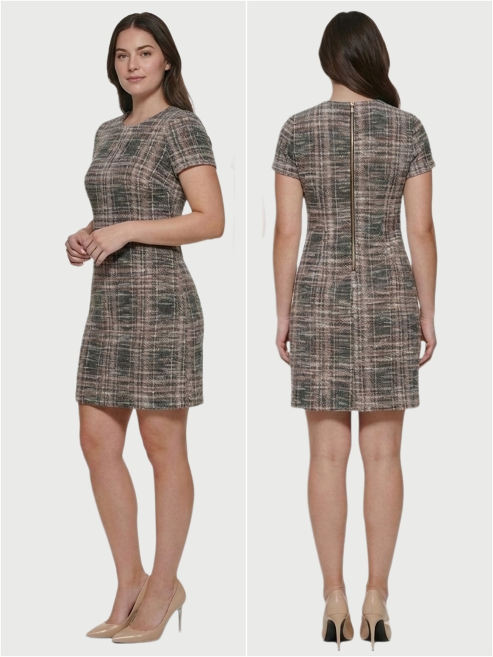 Calvin Klein Womens 6 Small Career Dress Neutral Plaid Brown Professional Mini